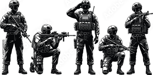 Armed soldiers, tactical gear, combat poses, military action, rifle stance, defense icons, black white sketch, flat vector illustration