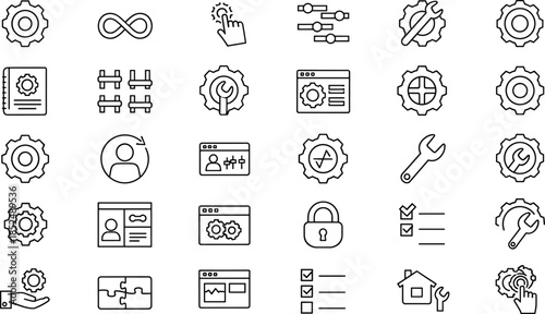 Settings, Configuration, and System Management Line Icons Set Featuring Controls, Tools, Optimization, Security, Workflow, Maintenance, and User Interface Symbols