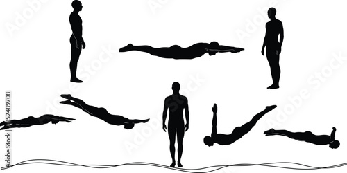 Diving sequence, body movement, water entry, sports silhouette, jump pose, athletic motion, swim technique, flat vector illustration