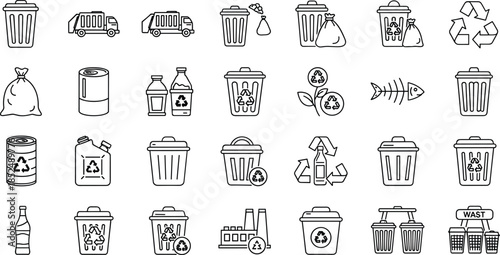 Waste Management and Recycling Line Icons Set Featuring Trash Bins, Garbage Collection, Recyclable Materials, Eco Disposal, Sustainability, and Environmental Symbols