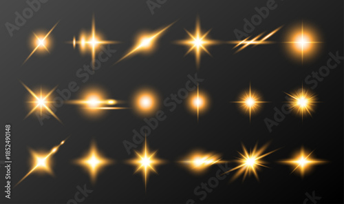 Golden VECTOR Sparkles, Golden Star Burst and Spark Light Effects Isolated on Dark Background Vector