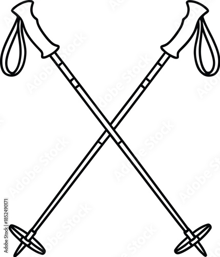 Icon of crossed ski poles, black and white line art illustration for winter sports and hiking equipment