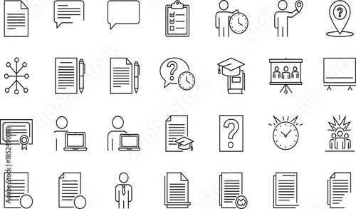 Set of education icons, professional development symbols, learning elements, graduation cap, certificate, online course, classroom, document, time management, and knowledge (21 words)