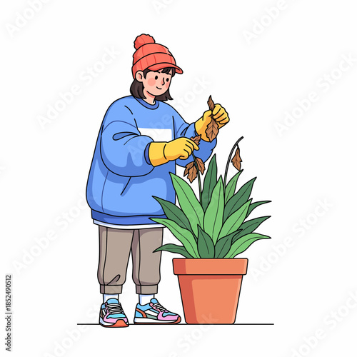 Mindful plant care, a young woman's thoughtful approach to indoor gardening and plant health