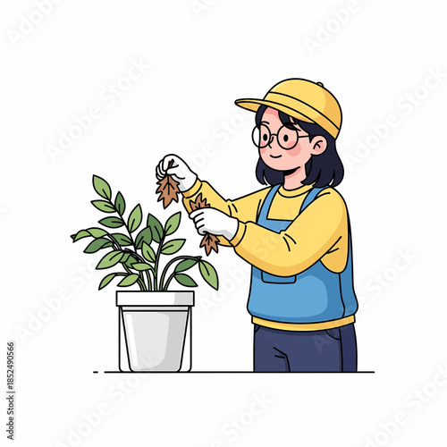 Gardener tending to a houseplant in a pot, wearing a yellow cap and blue overalls, concept illustration