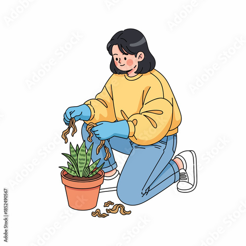 Enthusiastic young woman carefully nurturing her beloved indoor plant, a calming gardening hobby