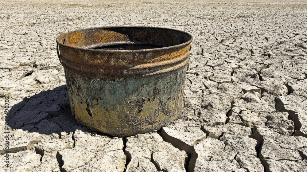 Fototapeta premium An old rusty empty metal bucket rests upon dry cracked earth in a desolate outdoor environment
