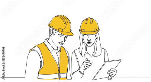 Line drawing of two construction workers looking at a tablet together
