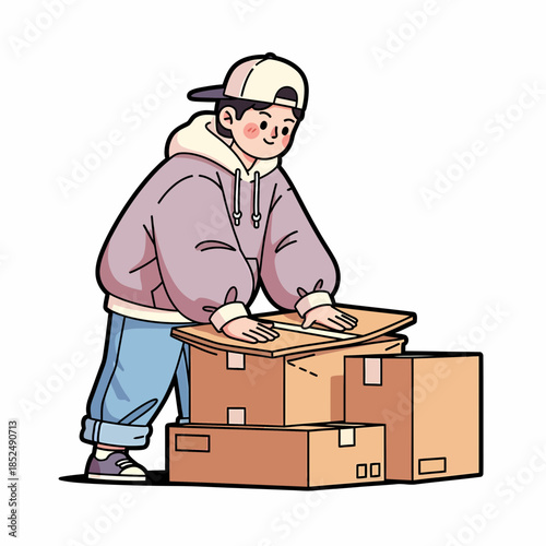 Delivery person with boxes, moving and logistics service, cartoon illustration
