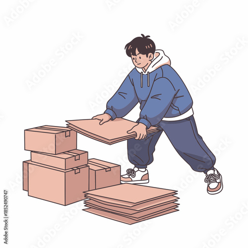Young man thoughtfully organizing and stacking cardboard boxes for efficient storage or environmentally friendly recycling