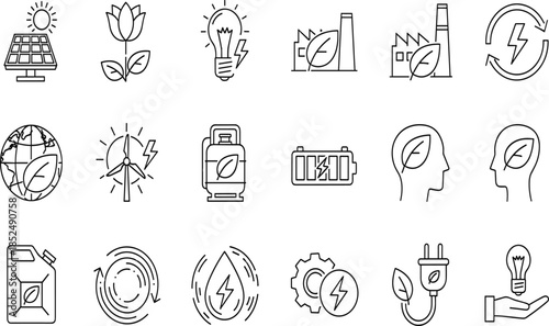 Set of green energy icons, sustainable ecology symbols, solar panel, wind turbine, recycle, electric plug, leaf bulb, and environmental technology (21 words)