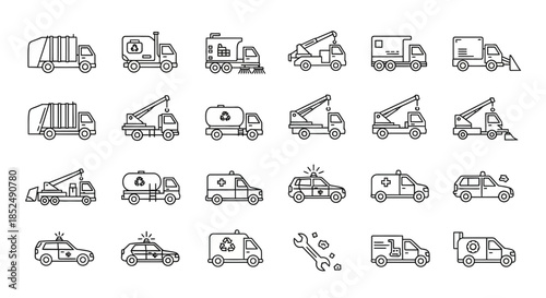 Collection of construction vehicles in simple line style