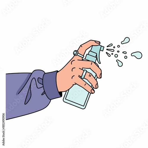 Illustration of a human hand holding and actively spraying a bottle, releasing liquid droplets for sanitation purposes