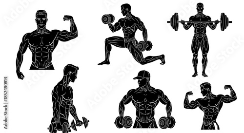 Black and white illustration of muscular men lifting weights