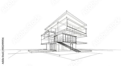 Architectural sketch of a modern building with staircase