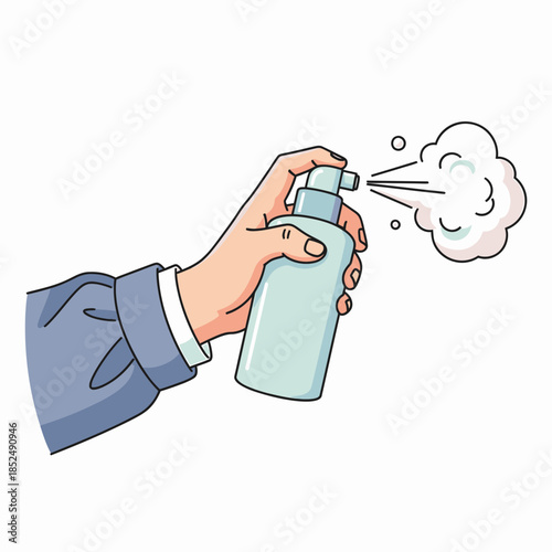 Hand holding a spray bottle, dispensing a fine mist of liquid in a clean, simplified illustration