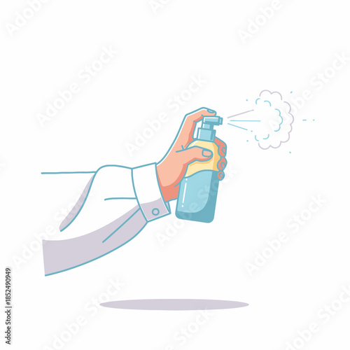 Hand spraying disinfectant from a bottle, illustrating hygiene and protection against germs and viruses for daily health