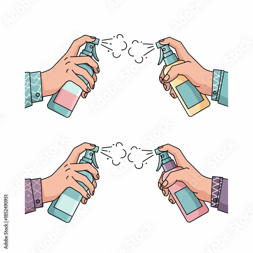 Two pairs of hands spraying disinfectant or freshener, illustrating cleanliness and application concepts