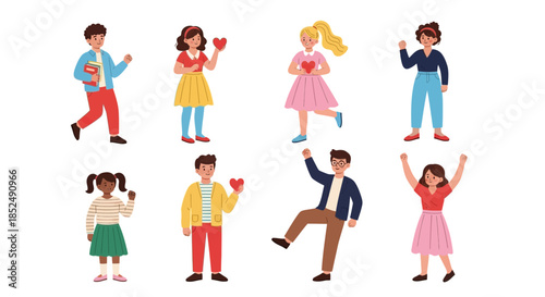 Eight diverse cartoon people dancing and having fun together