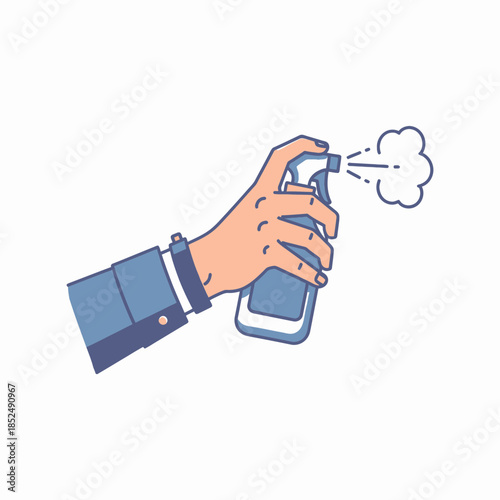 Hand holding a spray bottle dispensing mist, concept of cleaning, hygiene, and freshness