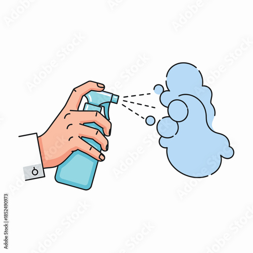 Dynamic illustration of a human hand using a spray bottle, effectively dispersing mist for hygiene and sanitization efforts