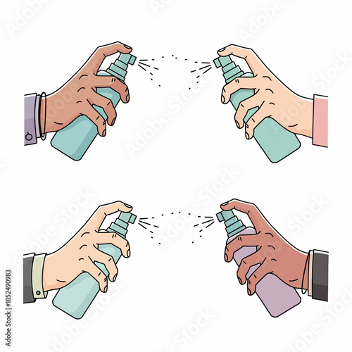 Four pairs of diverse hands actively spraying from individual bottles, highlighting universal hygiene practices