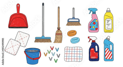 Various colorful cleaning supplies and tools