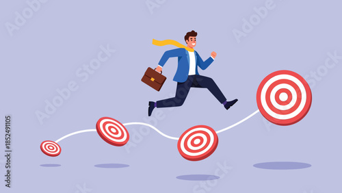 Businessman jumping over increasing targets, symbolizing career growth and goal achievement.
