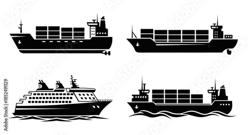 Four black silhouette cargo ships and a passenger cruise liner