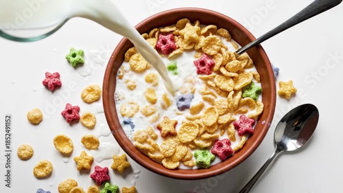 Pouring milk into a bowl of colorful starshaped breakfast cereal with spoons on a white surface, 4k high quality video