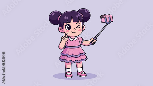 Adorable cartoon girl in pink dress taking a selfie, winking and making a peace sign.