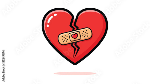 Cartoon Broken Red Heart Mended with Adhesive Bandage.