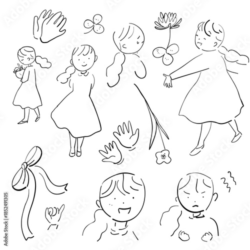 説明用に使える 手描き風人物のモノクロ線画イラストセット / Hand drawn monochrome people line art set
 / Hand drawn girl monochrome illustration set