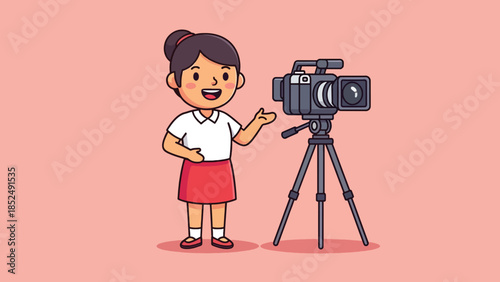 Cartoon girl presenting next to a professional video camera on a tripod.