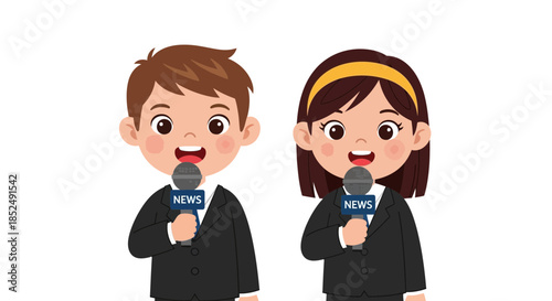 Cartoon news anchors with microphones