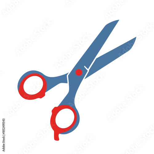 Illustration of blue scissors with red handles on white background.