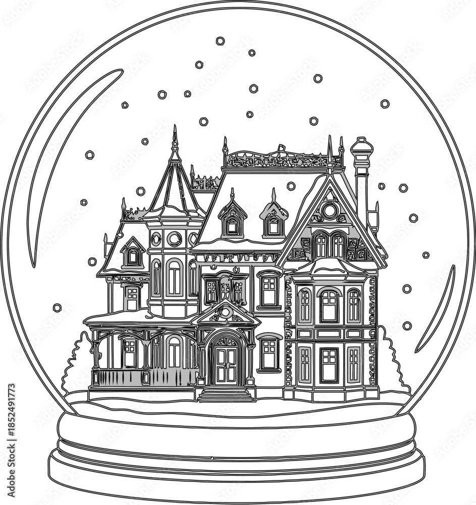 Fototapeta premium Coloring page outline of a detailed victorian mansion inside a snow globe with falling flakes