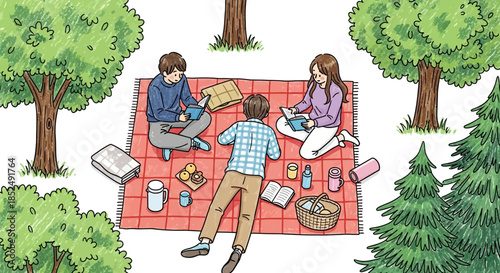 Illustration of people having a picnic in the park with trees around