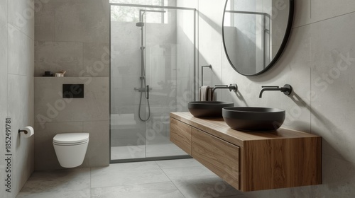 Modern bathroom with double sinks and glass shower