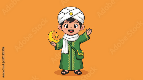 Cheerful Muslim child in green thobe and turban holding Islamic crescent moon and star symbol.