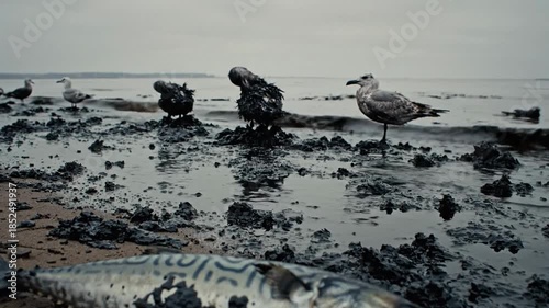 Dead Fish and Oil Spill - Environmental Disaster Unfolds on Contaminated Shoreline.