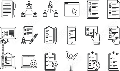 Set of task management icons, business workflow symbols, checklist, project planning, team hierarchy, document verification, laptop settings, and success goals (21 words)