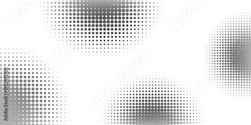 Set of halftone dots gradient pattern texture isolated on white background. Straight dotted spots using halftone circle dot raster texture. Vector blot half tone collection.