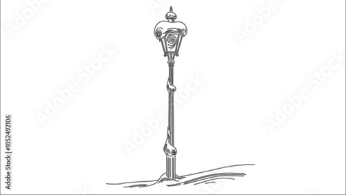 Black and white outline drawing of a vintage street lamp covered in swirling winter snow illustration