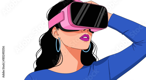 Woman wearing pink virtual reality headset