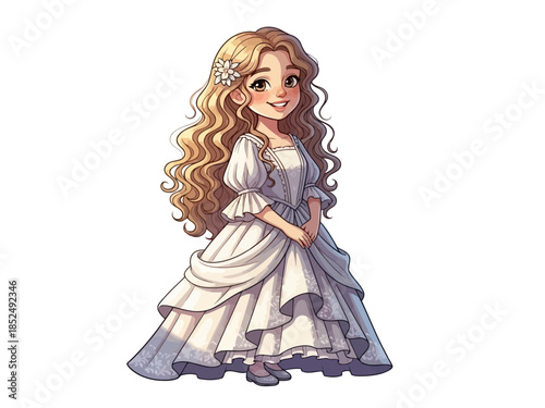 Beautiful young girl with blonde hair wearing a white dress and a crown