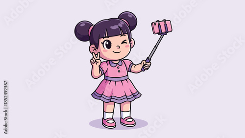 Cute cartoon girl taking a selfie with a pink phone and making a peace sign.