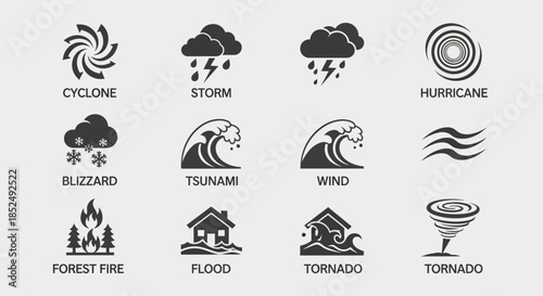 Weather icons with cyclone, storm, hurricane, blizzard, tsunami, wind, forest fire, flood, tornado