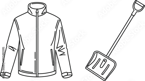 Winter clothing icon set, jacket and snow shovel line art illustration for cold weather cleanup and outdoor activity