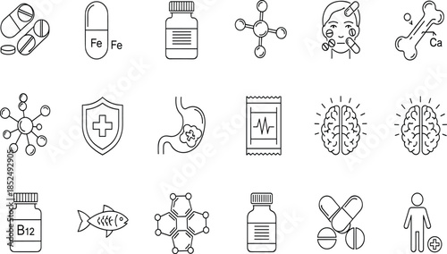 Set of vitamin icons, supplement symbols, health nutrition elements, pills, iron, calcium, fish oil, brain health, immune system protection, and medicine (21 words)